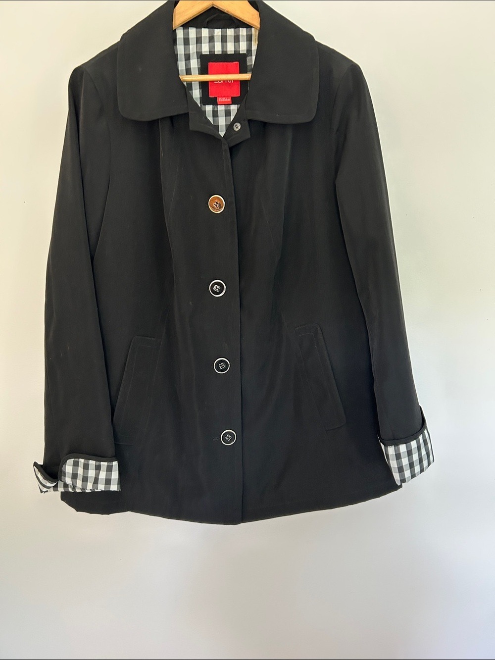 Esprit Black Single-Breasted Trench Coat with Check Lining